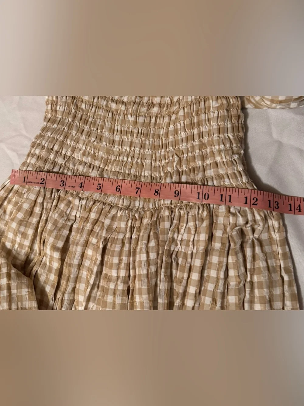 Misa Los Angeles Beige Gingham Smocked Puff-Sleeve Mini Dress - Picture 5 of 7